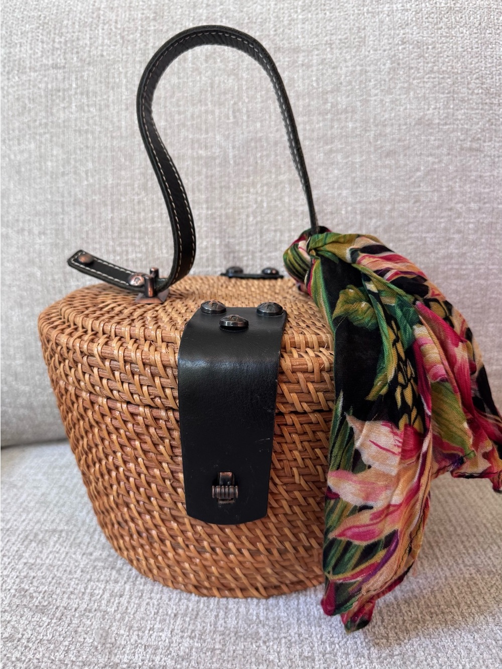 Patricia Nash Woven Rattan Handbag with Black Leather Trim and Floral Scarf